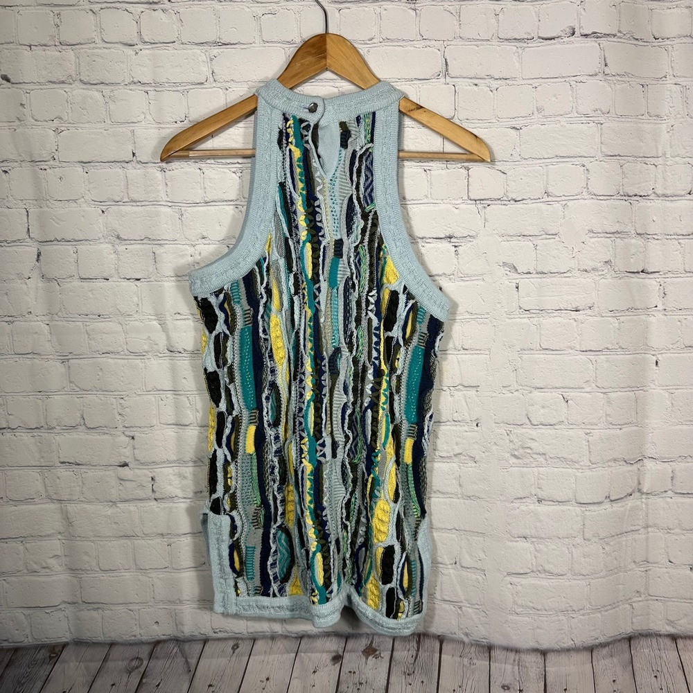 Coogi Austrailia 3D Knit Sweater Dress Top Blue Yellow Textured Sleeveless - Picture 5 of 14